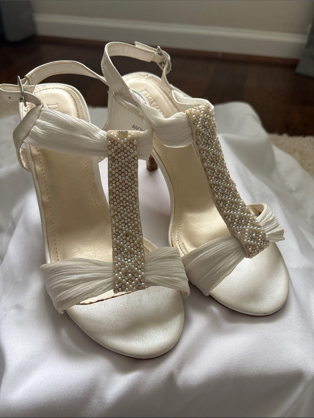 David's Bridal Ivory T-Strap Satin Heels with Pearl Accents